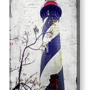 May include: A canvas print of a lighthouse with blue and white stripes, a red top, and a brick chimney. The background has a vintage, textured appearance with faded text and a tree branch.