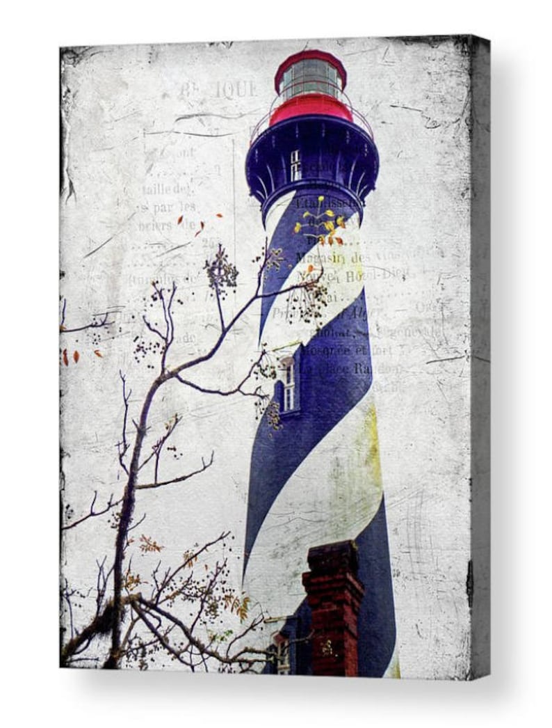 May include: A canvas print of a lighthouse with blue and white stripes, a red top, and a brick chimney. The background has a vintage, textured appearance with faded text and a tree branch.