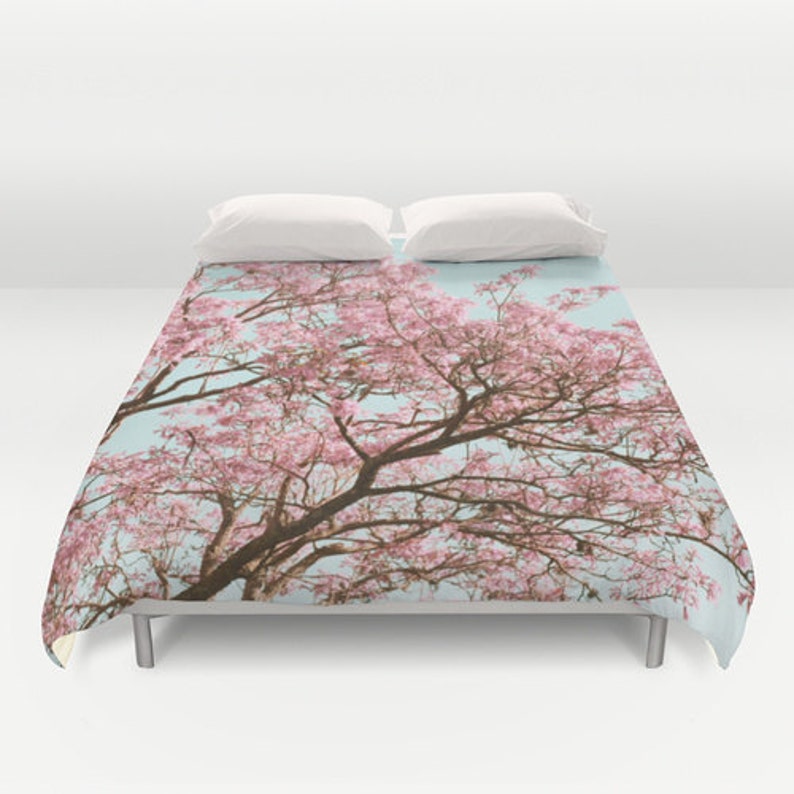 Cherry Blossom Duvet, Pink Tree Duvet, Mint Blue Duvet, Romantic Bedding, Nature Duvet, Tree Duvet Cover, Cottage Chic Duvet, Shabby Chic image 2