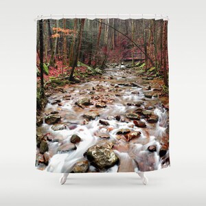 Creek Shower Curtain, River Shower Curtain, Landscape Decor, Nture Bathroom, Woodsy Decor, River Rapids, Rustic Bathroom, Orange Trees Red