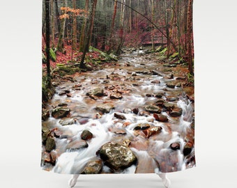 Creek Shower Curtain, River Shower Curtain, Landscape Decor, Nture Bathroom, Woodsy Decor, River Rapids, Rustic Bathroom, Orange Trees Red
