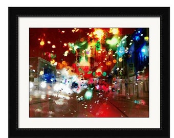 Modern Photography, Bokah Photo, Rainy Window, Abstract Photography, Limited Edition Print, Traffic Lights, City, Street Scene, Rainy Night