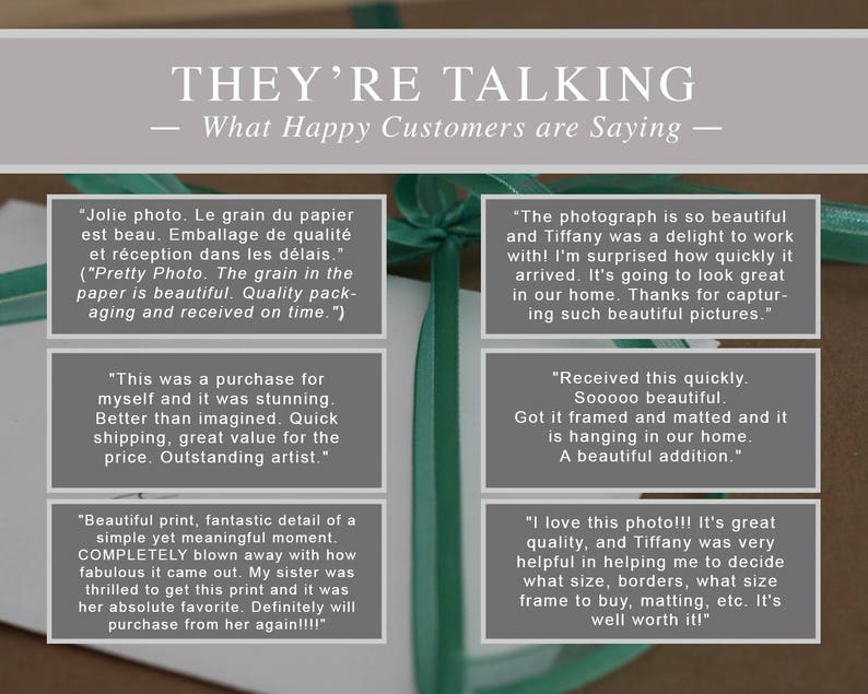 May include: Image featuring customer testimonials with text: "THEY'RE TALKING - What Happy Customers are Saying." The testimonials are in white boxes with gray borders, and the image is tied with a green ribbon.