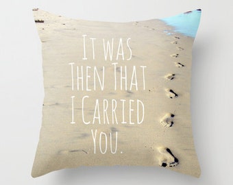 Footprints in Sand, Footprints Pillow, Beach Pillow, Faith Home Decor, Christian Decor, Faith Quote, Tan Beach Pillow, Ocean Throw Pillow
