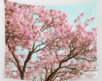 Cherry Blossom, Blossom Tapestry, Spring Tapestry, tree tapestry, pink leaves, nature tapestry, pastel tapestry, Japanese Tree, baby blue