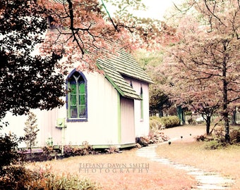 Pink Landscape, Church Photograph, Country Chapel, Dreamy Artwork, Winding Path, Pastel Print, trees faith religion window pathway Picture