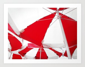 Umbrellas Print, Red & White Photo, Abstract Decor, Geometry picture, beach, repeating pattern, Stripe, canvas, cafe, peppermint, starburst