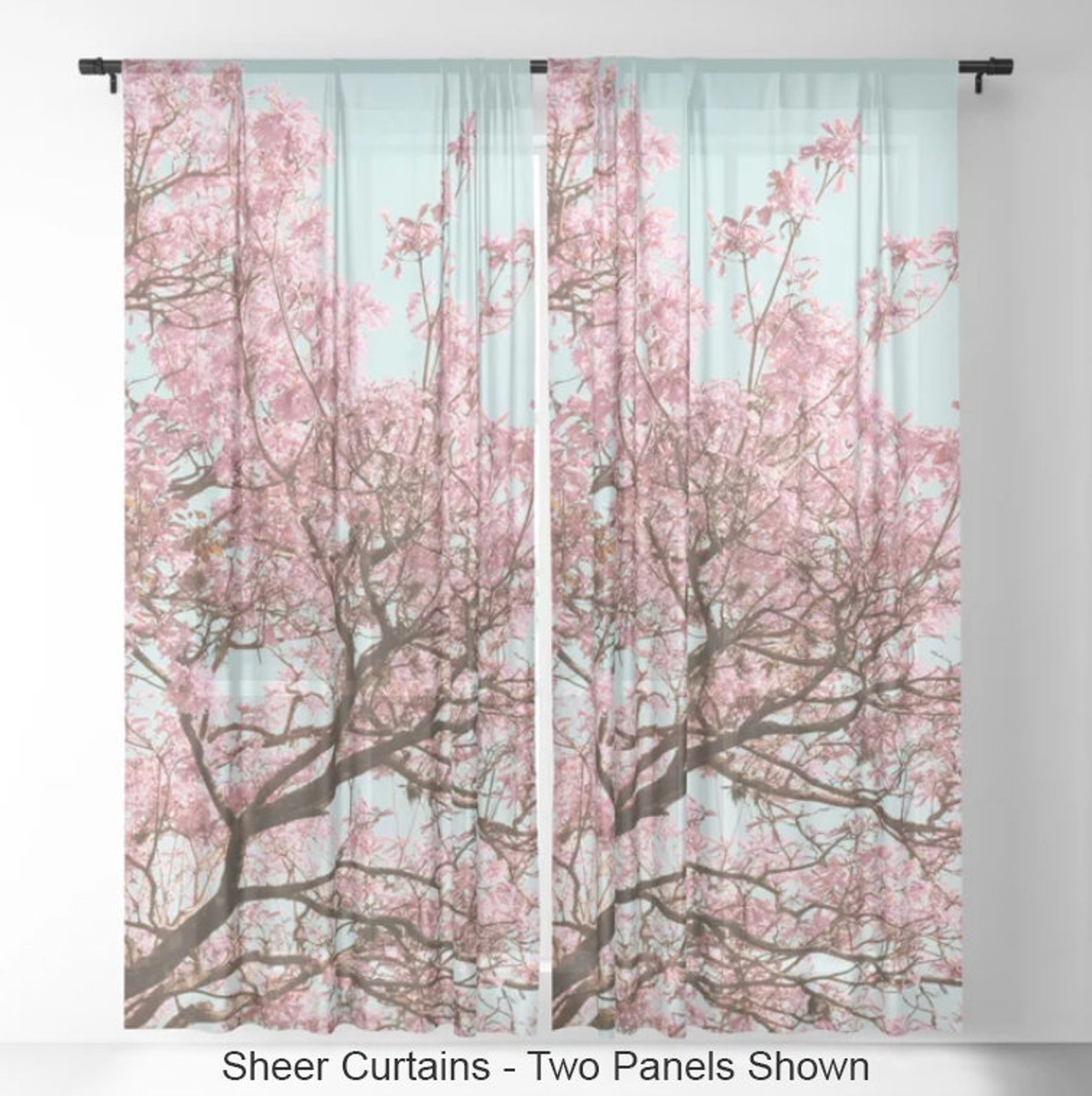 Cherry Blossom Window Curtains Pink Window Curtains Blue | Etsy