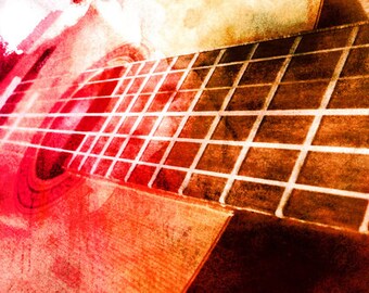 Colorful Guitar Print, Music Photograph, Stringed Instrument Picture, Pink, orange, green, blue, abstract, watercolor, Classical, musician
