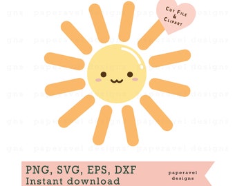 May include: A digital clipart image of a yellow sun with a smiling face and orange rays. The text "CUT FILE & CLIPART" is in a pink heart shape.