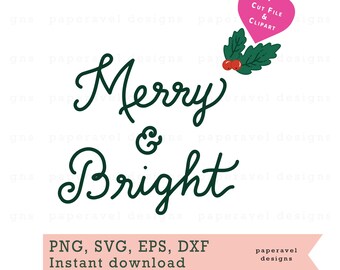 Puede incluir: Una descarga digital de un diseño navideño verde y blanco Merry & Bright con un corazón rosa que dice "Cut File & Clipart".