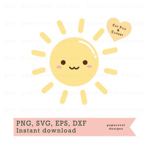 May include: A yellow sun with a smiling face and a kawaii style. The sun has 10 rays. The text "CUT FILE & CLIPART" is in a pink heart shape.