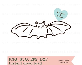 May include: A black and white line drawing of a cute cartoon bat with big eyes and a small smile. The bat is flying with its wings spread out. The text "CUT FILE & CLIPART" is in a blue heart shape above the bat.