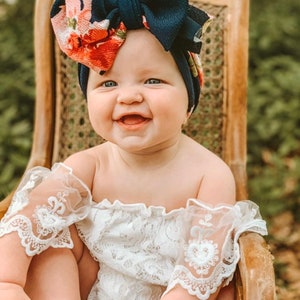 Navy Floral Bow Newborn Headband, Baby Head Wrap, Big Bows
