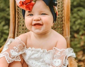 Navy Floral Bow Headband, Baby Head Wrap, Big Bows