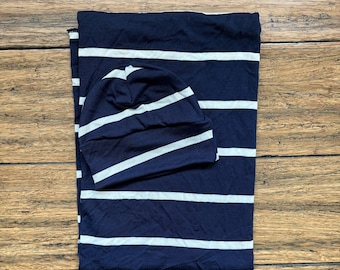Navy Blue Stripe Swaddle Set: Baby Boy Newborn Blanket & Hat