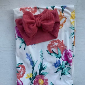 Newborn Swaddles, Baby Girl Swaddle Set, Bright Floral Blanket and Deep Blush Bow Headband