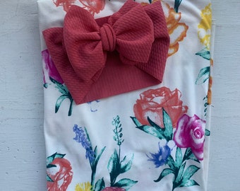 Newborn Swaddles, Baby Girl Swaddle Set, Bright Floral Blanket and Deep Blush Bow Headband