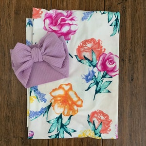 Newborn Swaddles, Baby Girl Swaddle Set, Bright Floral Swaddle Blanket and Orchid Bow Headband