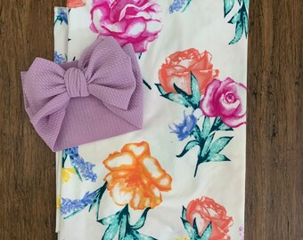 Newborn Swaddles, Baby Girl Swaddle Set, Bright Floral Swaddle Blanket and Orchid Bow Headband