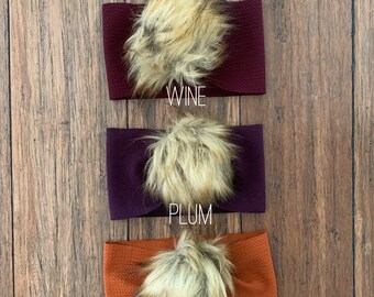 Baby Girl Pom Pom Headband, Brown Faux Fur Poms