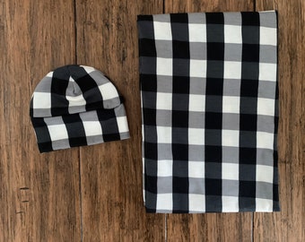 White Buffalo Plaid Baby Boy Swaddle Set, Blanket and Hat Set