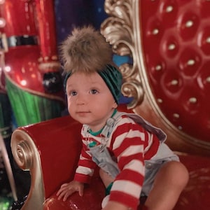 Brown Faux Fur Pom Emerald Velvet Headband, Baby Headbands