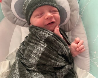 Boy Swaddle Set, Olive Stripe Newborn Hat, Baby Blanket Hospital Birth Announcement, Baby Shower Gift, Sprinkle Party Gifts