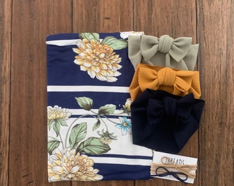 Newborn Swaddle and Headband Set: Navy Floral, Knot Bows
