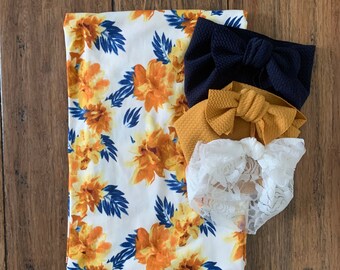Newborn Floral Swaddle Blanket & Knot Bow Headbands Set