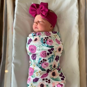 Swaddle Set, Newborn Girl Purple & Pink Floral Swaddle and Violet Bow Headband Sets, Big Bows, Hospital Outfit