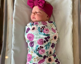 Swaddle Set, Newborn Girl Purple & Pink Floral Swaddle and Violet Bow Headband Sets, Big Bows, Hospital Outfit