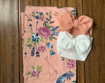 Baby Girl Swaddle, Arrows Blanket and Big Bows Set, Newborn Hospital Wrap
