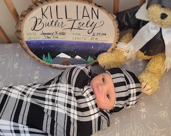 Black Buffalo Plaid Swaddle Set: Newborn Cotton Blend Blanket & Hat