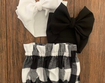 White Buffalo Plaid Baby Bloomers, Girl High Waisted Ruffle Shorts