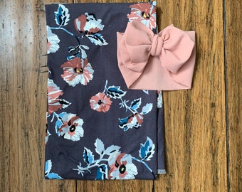 Flower Swaddle and Dusty Rose Bow Headband Set, Floral Blanket, Baby Girl Newborn Gift, Hospital Outfit