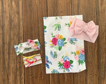 Newborn Girl Blue & Pink Floral Swaddle Wrap Set, Hospital Outfit, Headbands, Baby Swaddles, Shower Gift