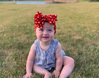 Red Polka Dot Baby Bow Headband - Hand Cut Head Wrap