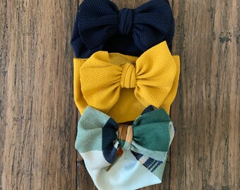Big Bow Set, Plaid Mustard Baby Girl Bows, Newborn