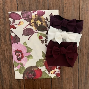 Girl Swaddle Set, Plum Floral Newborn Blanket and Knot Bow Headbands, Shower Gift Set, Hospital Outfit, Photography, Sprinkle Gift Sets