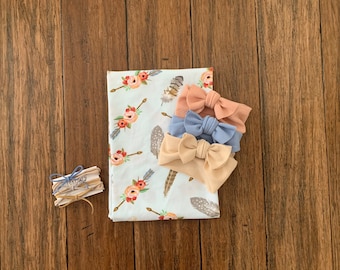 Feather Floral Swaddle Blanket & Bow Headband Set: Newborn Girl Outfit