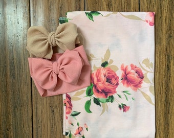 Pink Rose Baby Swaddle and Bow Set: Newborn Hospital Outfit