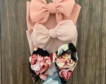 Big Baby Girl Bows, Black Floral Set, Newborn Head Wrap, Large Bow