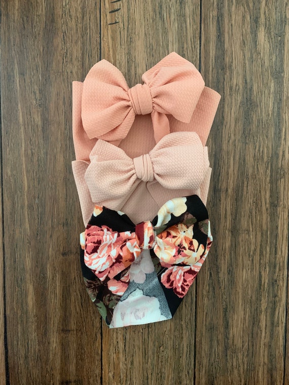 Big Baby Girl Bows, Black Floral Set, Newborn Head Wrap, Large Bow