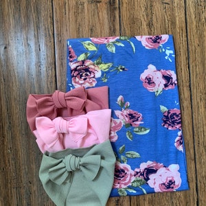 Conjunto de manta de hospital para recién nacidos, manta de envolver con flores azules y rosas y lazos con nudos, para niña
