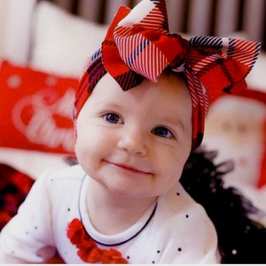 Holiday Red Plaid Bow Headband, Baby Girl Head Wrap, Newborn Bows
