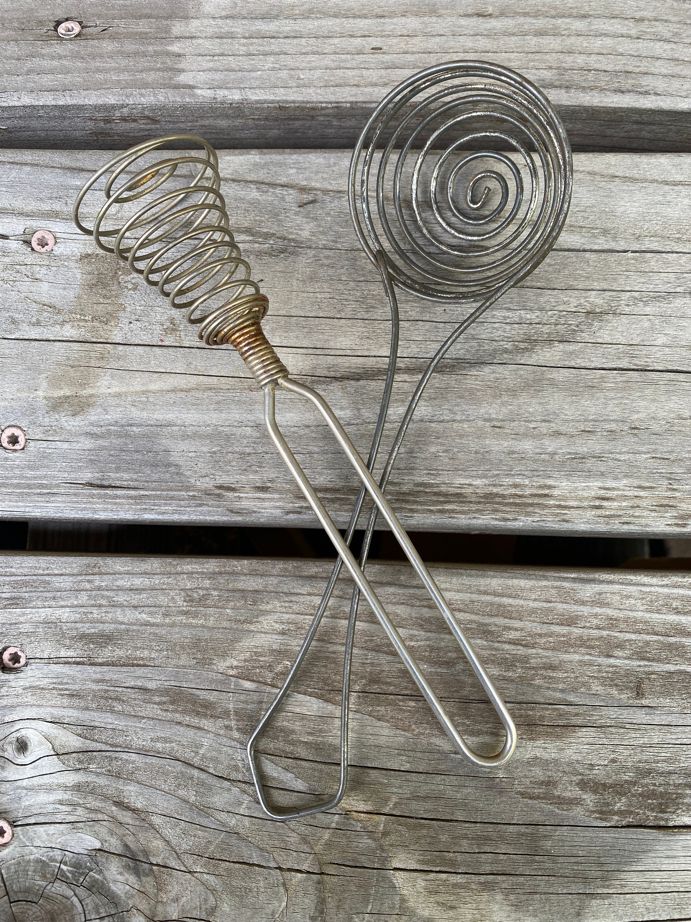 pair Vintage Egg beater Wire Wisk Wooden Handle Iron Spring Primitive -  Collectors in the House