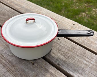 Vintage White Enamel Saucepan with Lid | Red Trim & Black Handle Pot | Farmhouse Kitchen Decor | Rustic Camping Cookware | Retro Enamelware