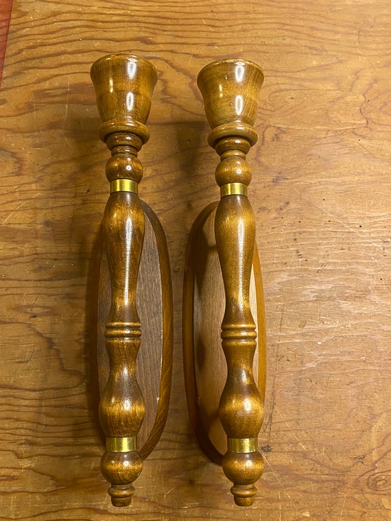 ヴィンテージ木製壁掛けキャンドルホルダー（メタルバンド付き）2個