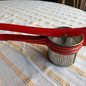 Vintage Red Potato Ricer - 1950s Metal Food Press, Retro Farmhouse Kitchen Decor